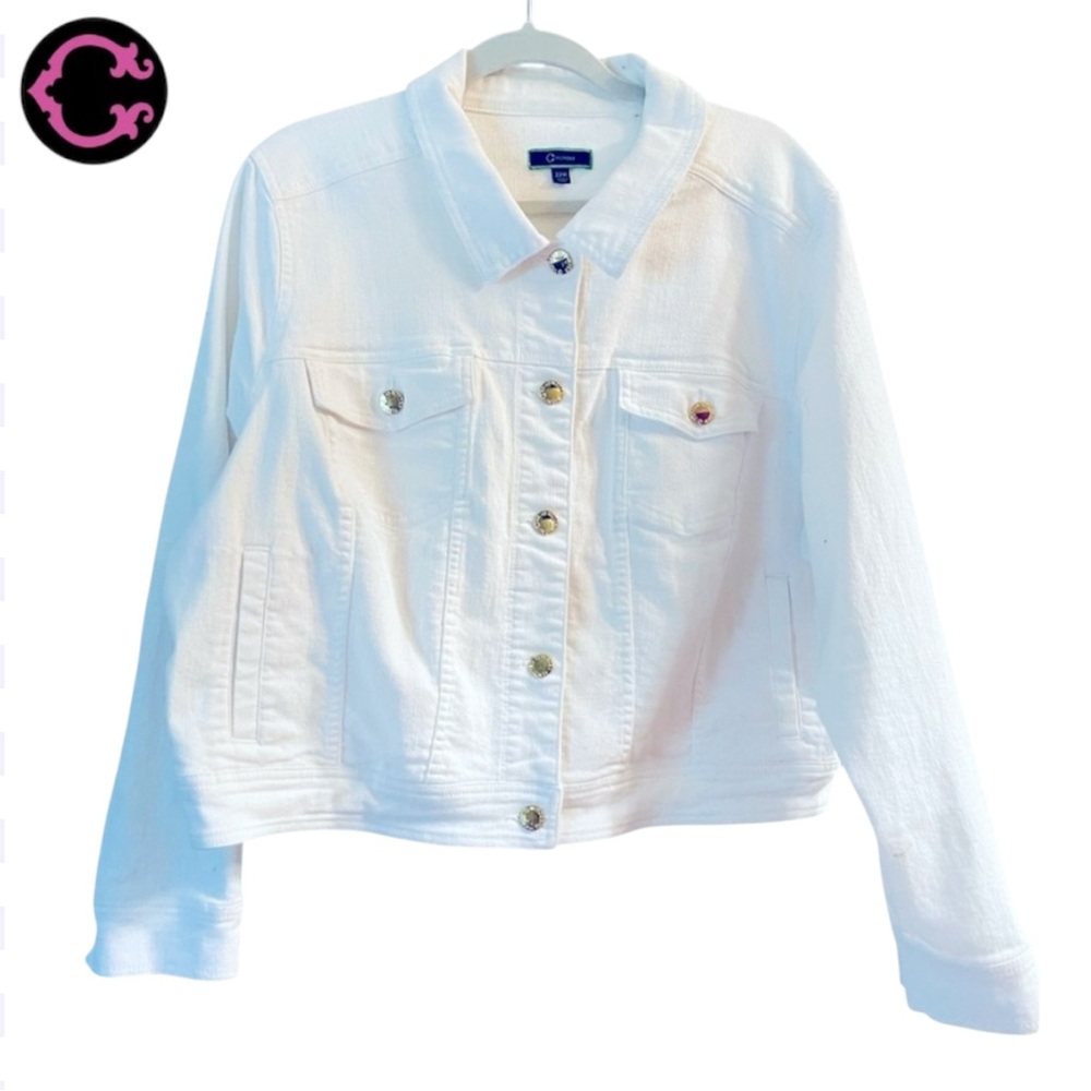 C. Wonder White Cropped Denim Jacket With Signature Gold Buttons. Size 22 W